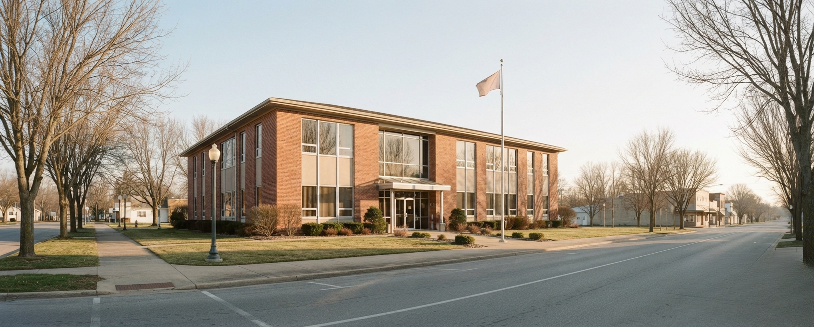 A small-town civic building in morning light.