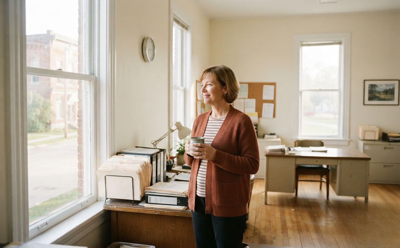 A housing authority director standing at the window of a small-town office, stacks of policy binders on the desk beside her.