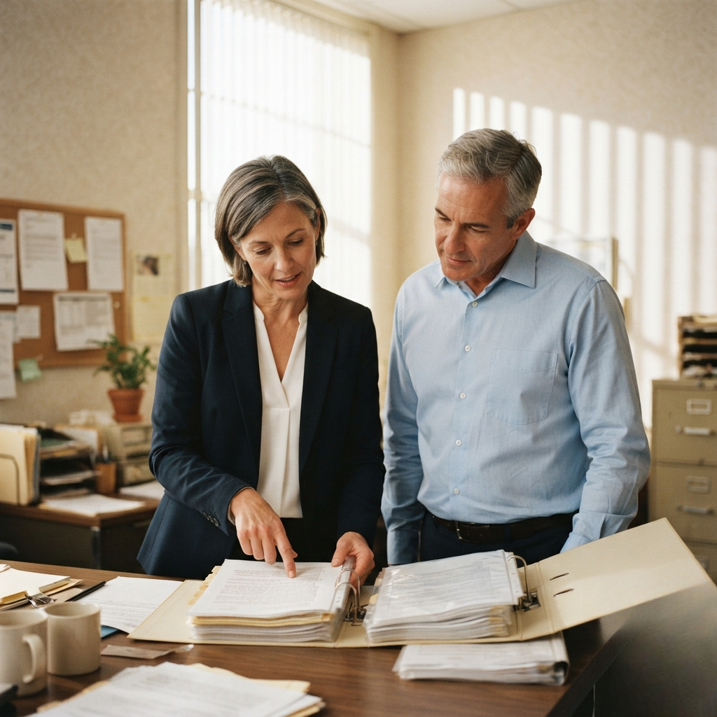 Two colleagues comparing two open policy binders side by side.