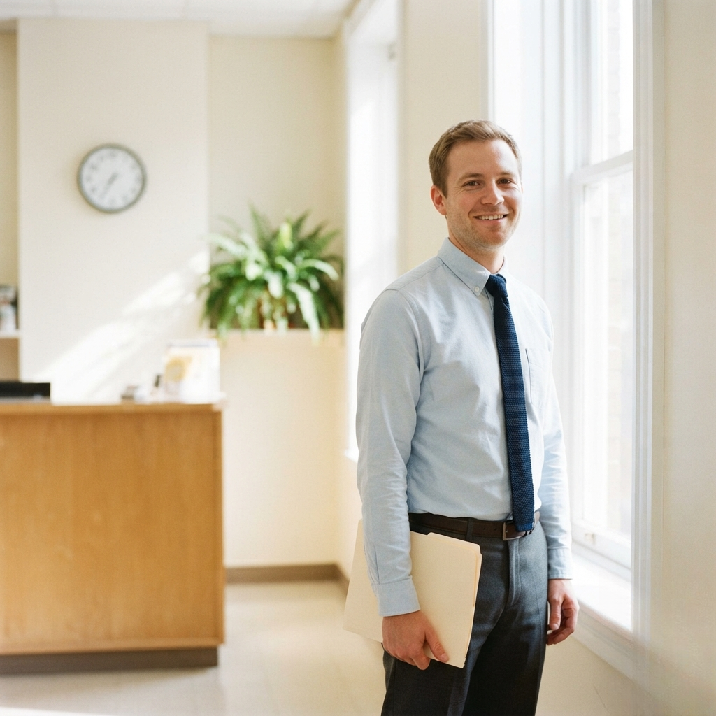 A housing programs coordinator standing in the lobby of a small-town housing authority, holding one policy folder.