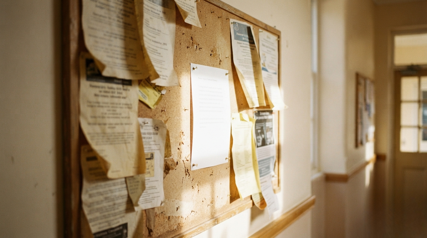 A single fresh notice pinned to a cork board in a town hall corridor.