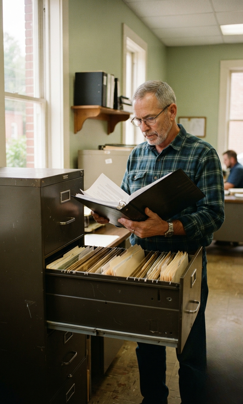 A long-serving housing staffer at an open filing cabinet with a policy binder in his hands.